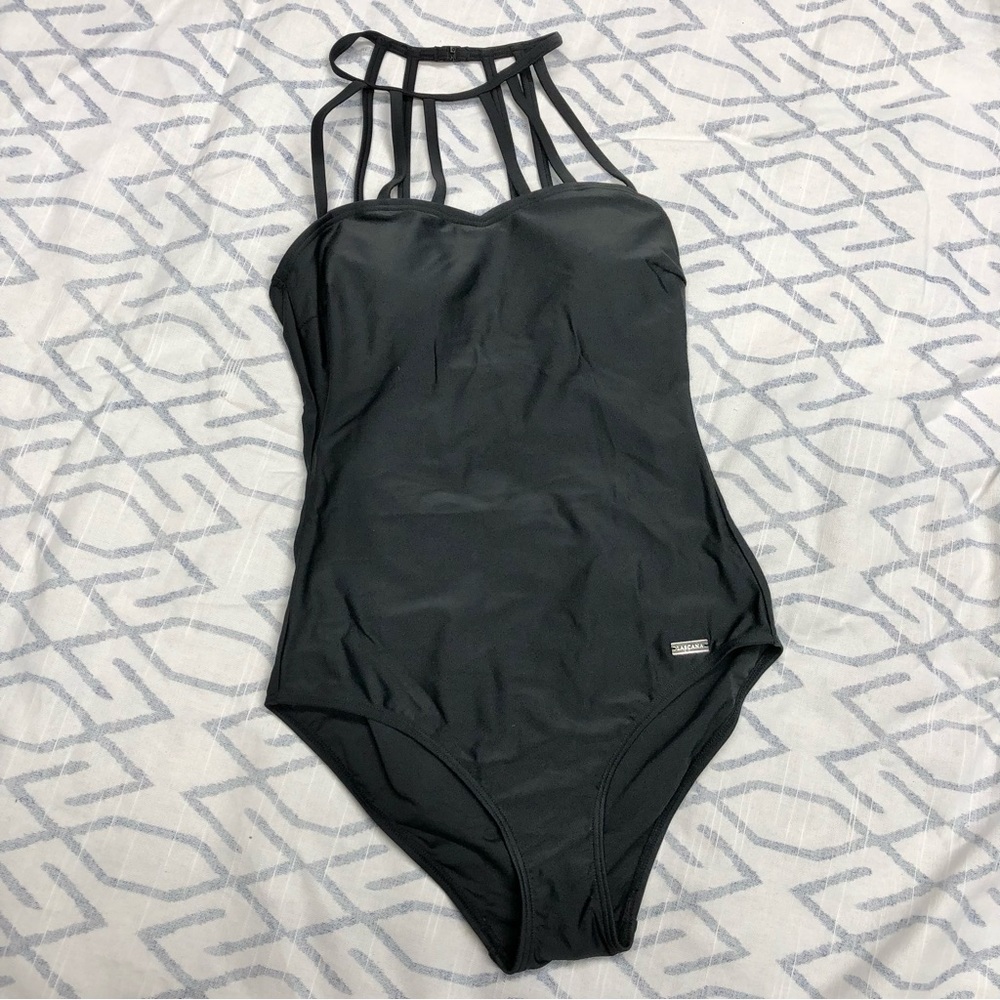 NEW Lascana 6 one piece strappy swimsuit black cage halter built in pads